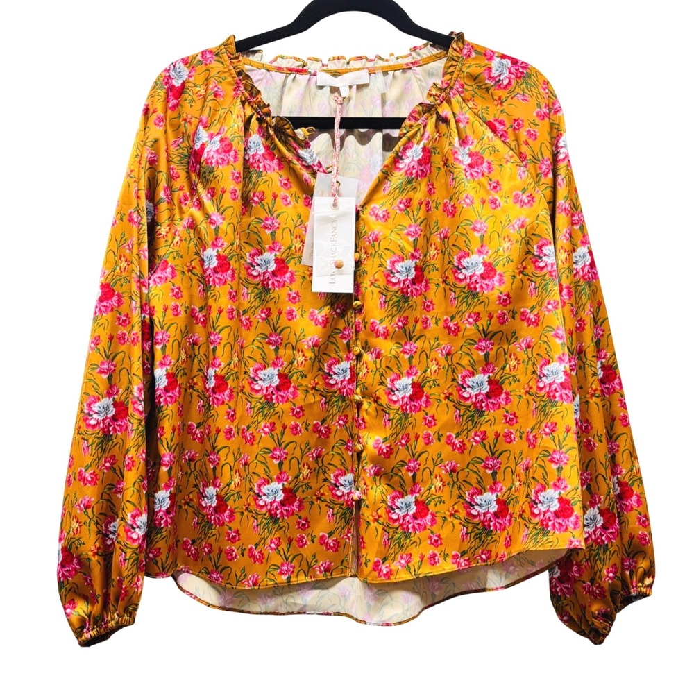 NWT LoveShackFancy Manchester Blouse Ruby Goldmine Floral Yellow Satin Top L